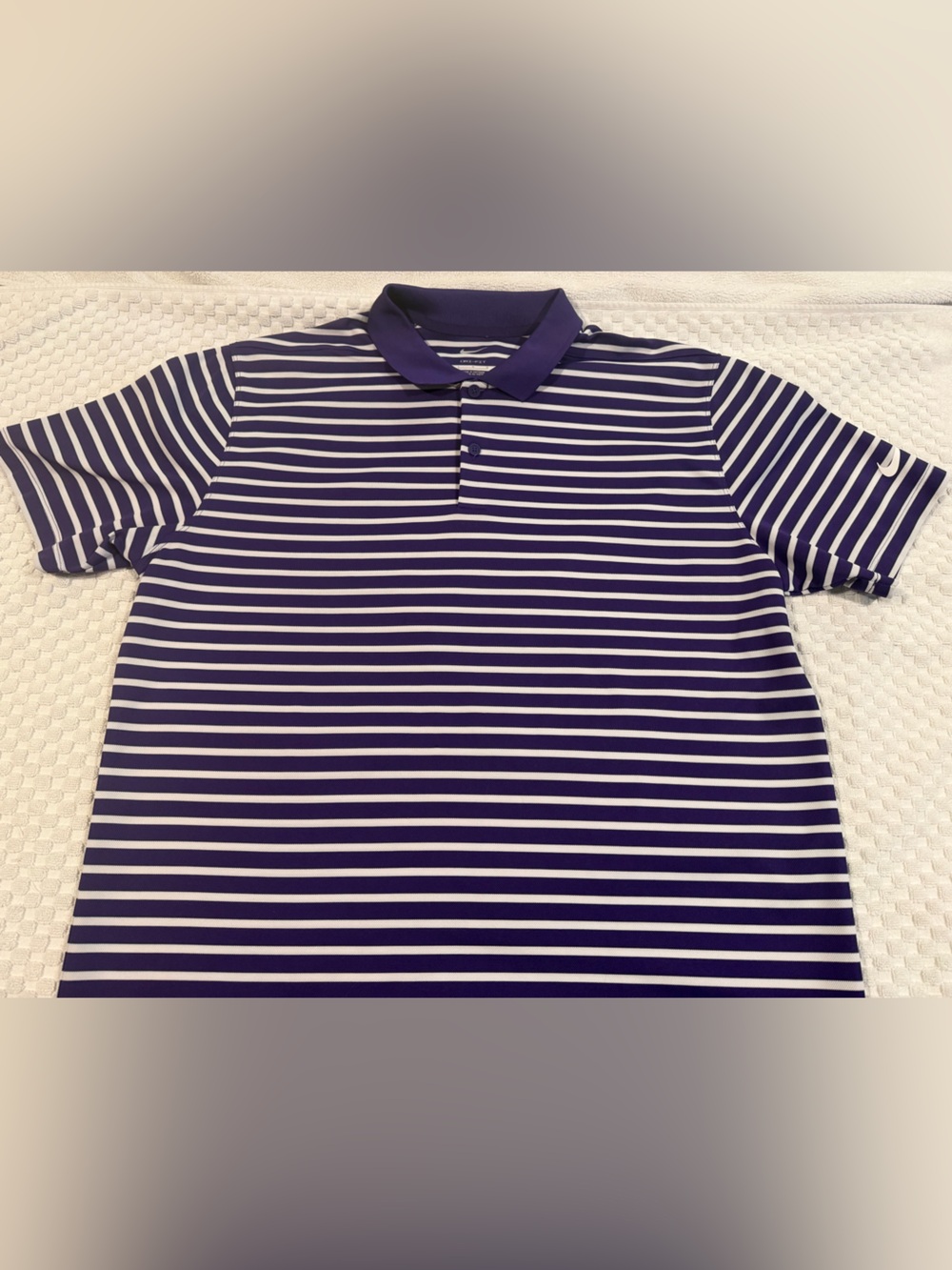 Nike Dri Fit Purple & White Striped Polo Shirt, Size L EUC